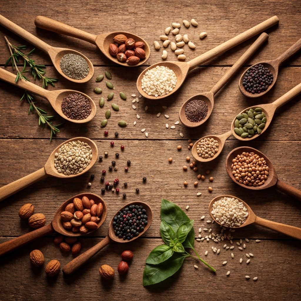 Natural, whole food ingredients on a wooden surface