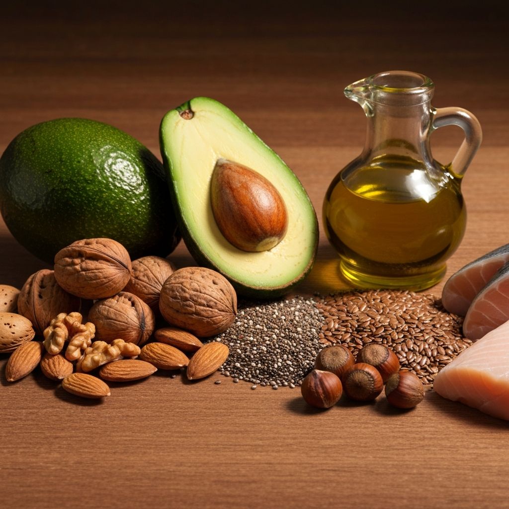 Healthy fat sources including nuts, seeds, and oils